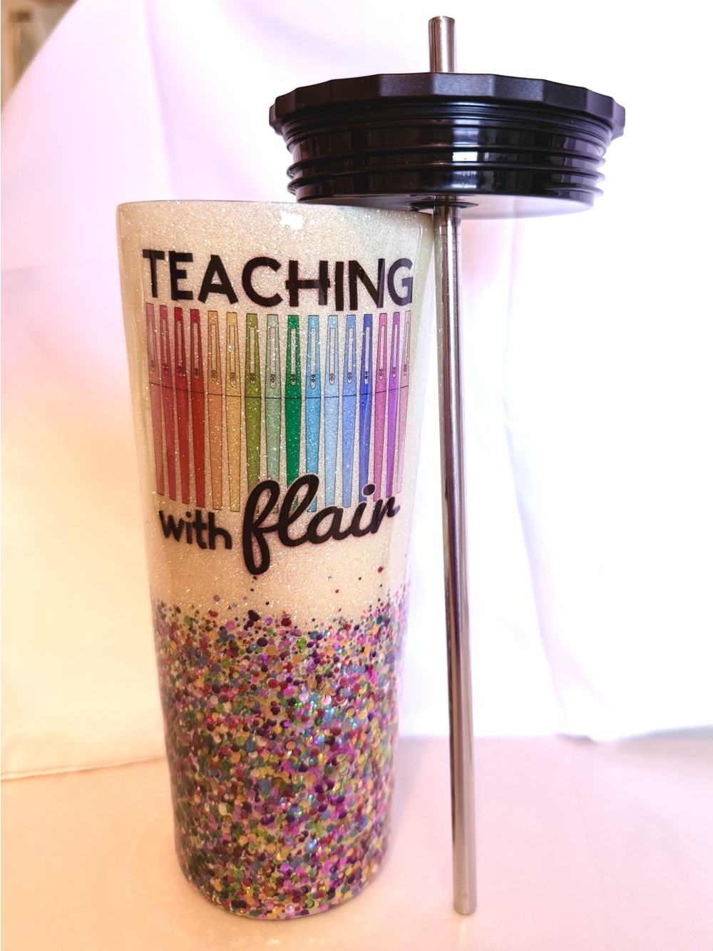 Teaching With Flair Glitter Tumbler — Cream Body with Multicolor Accents - Picture 4 of 5